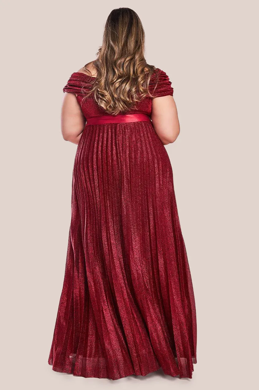 Goddiva Plus Bardot Pleated Skirt Maxi Dress - Red