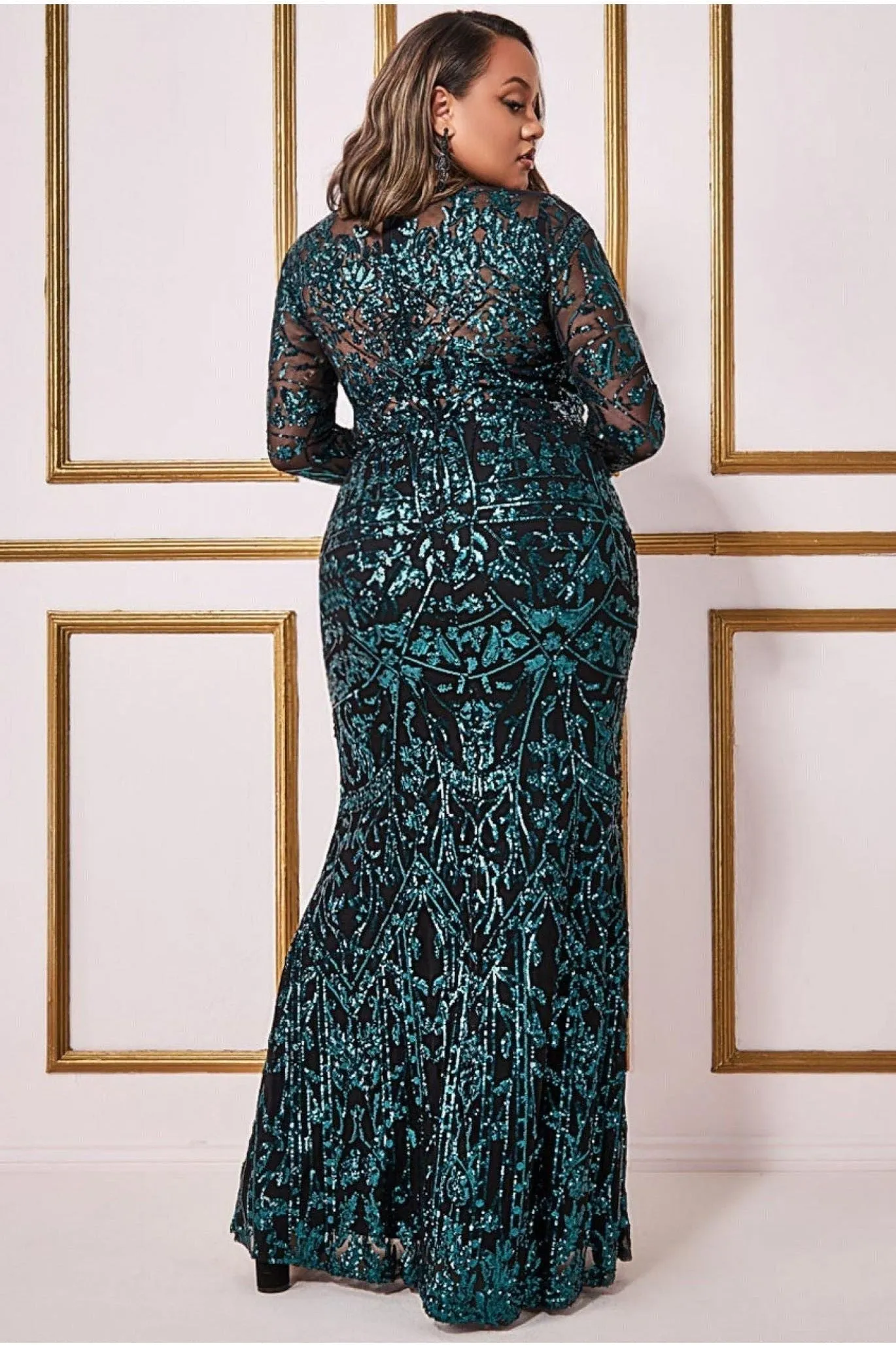 Goddiva Plus Sequin Mesh Embroidered Maxi Dress - Emerald