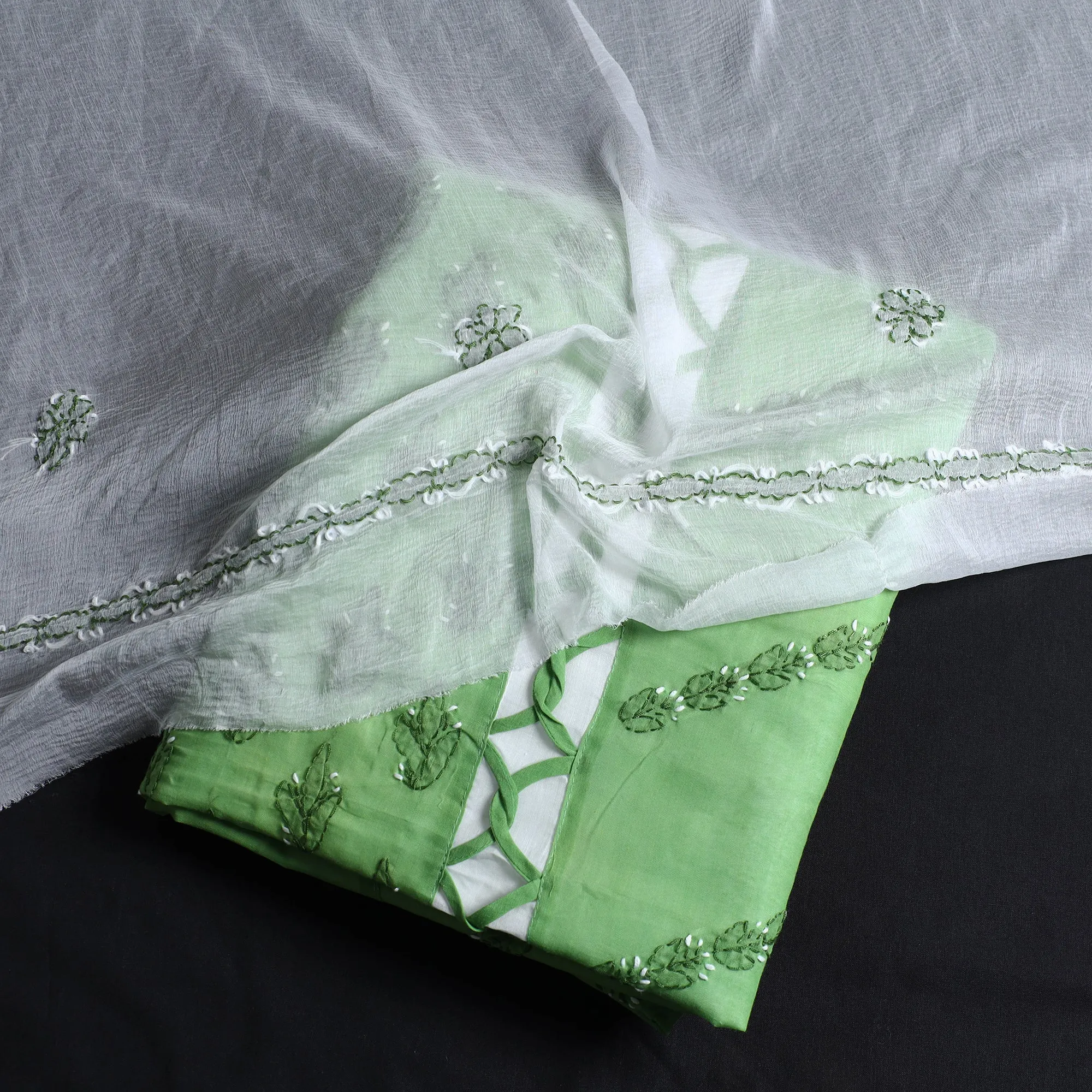 Green - 3pc Lucknow Chikankari Hand Embroidery Cotton Suit Material Set 07