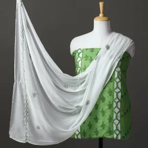 Green - 3pc Lucknow Chikankari Hand Embroidery Cotton Suit Material Set 07