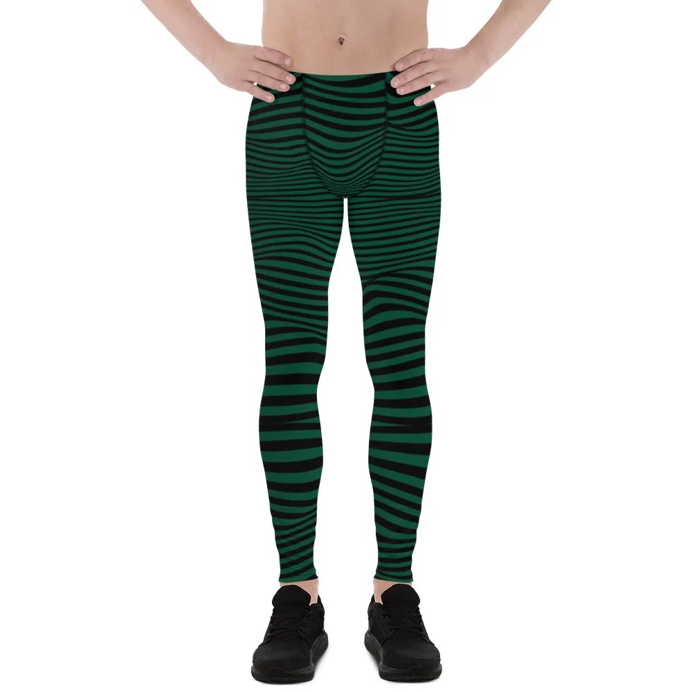 Green Black Meshed Men's Leggings, Striped Premium Meggings Compression Running Tights-Made in USA/EU/MX