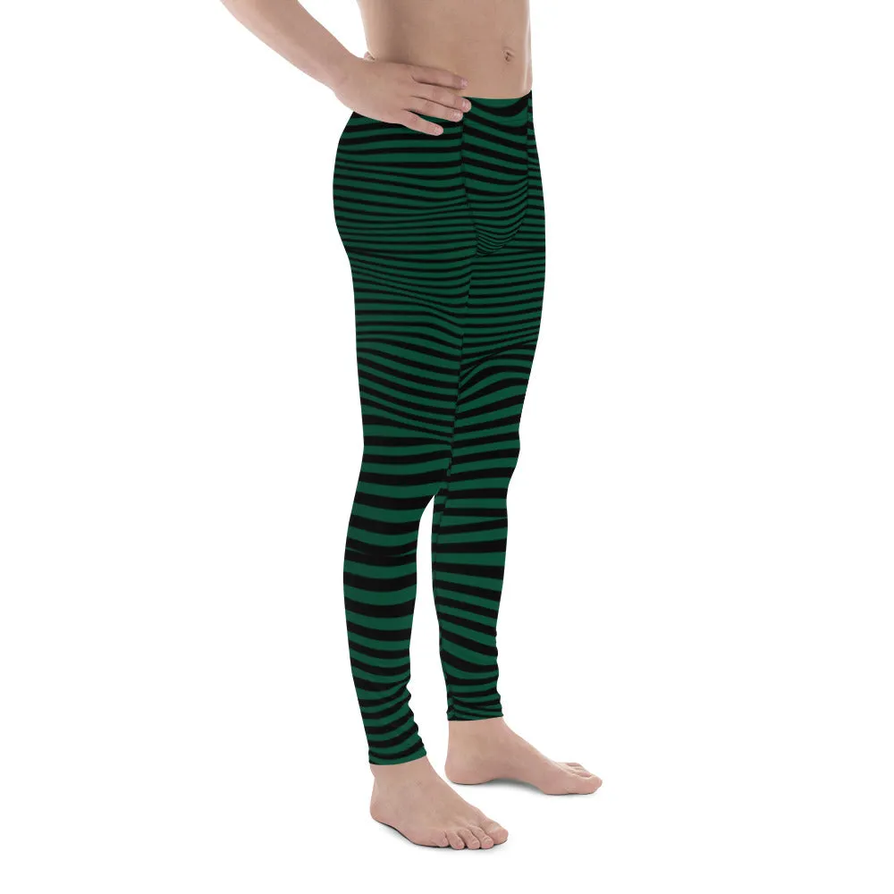 Green Black Meshed Men's Leggings, Striped Premium Meggings Compression Running Tights-Made in USA/EU/MX