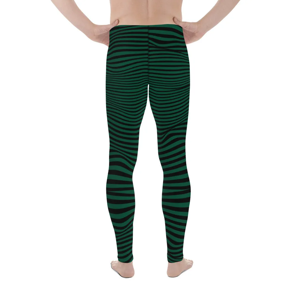 Green Black Meshed Men's Leggings, Striped Premium Meggings Compression Running Tights-Made in USA/EU/MX