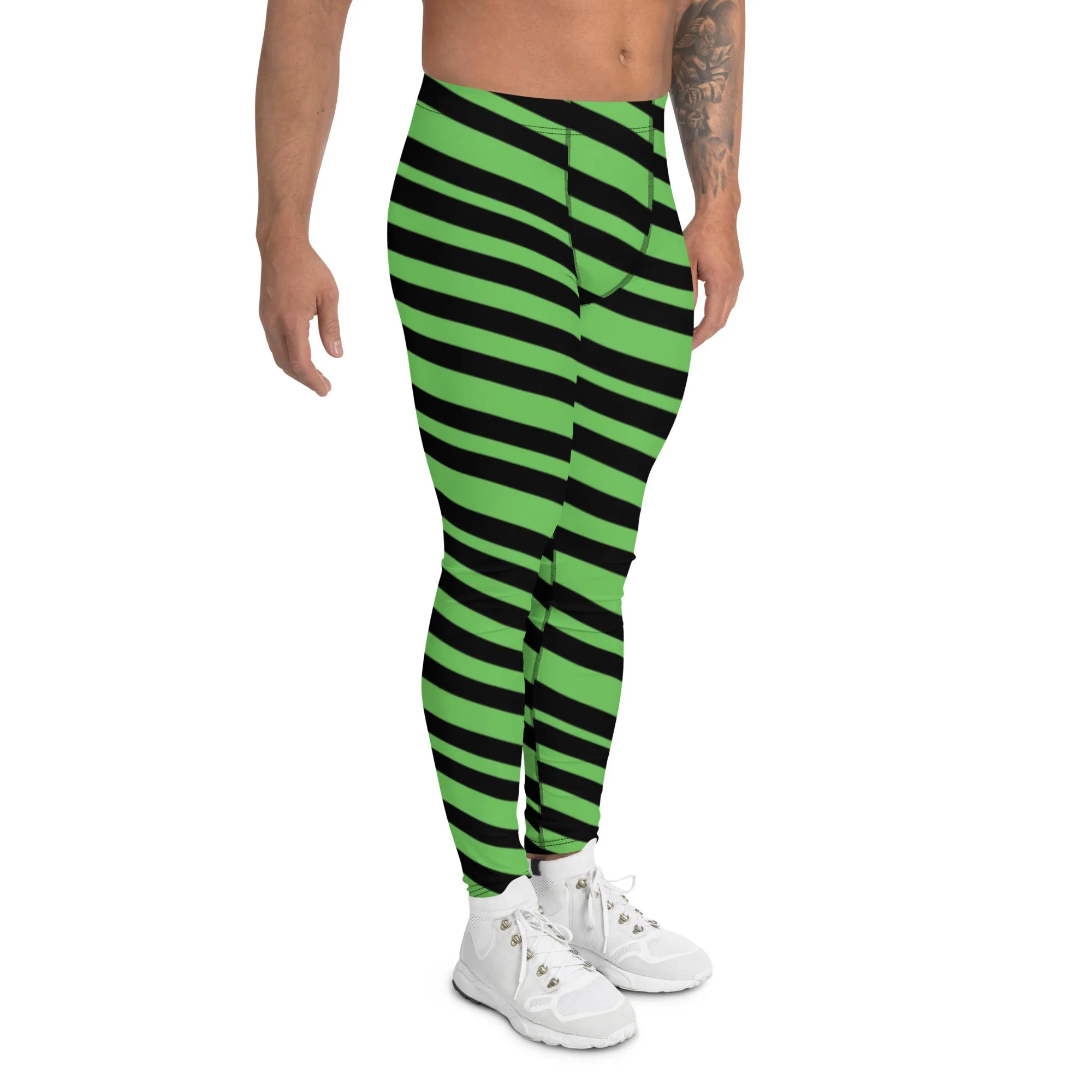 Green Diagonal Striped Men's Leggings, Diagonally Stripes Modern Premium Running Tights For Men