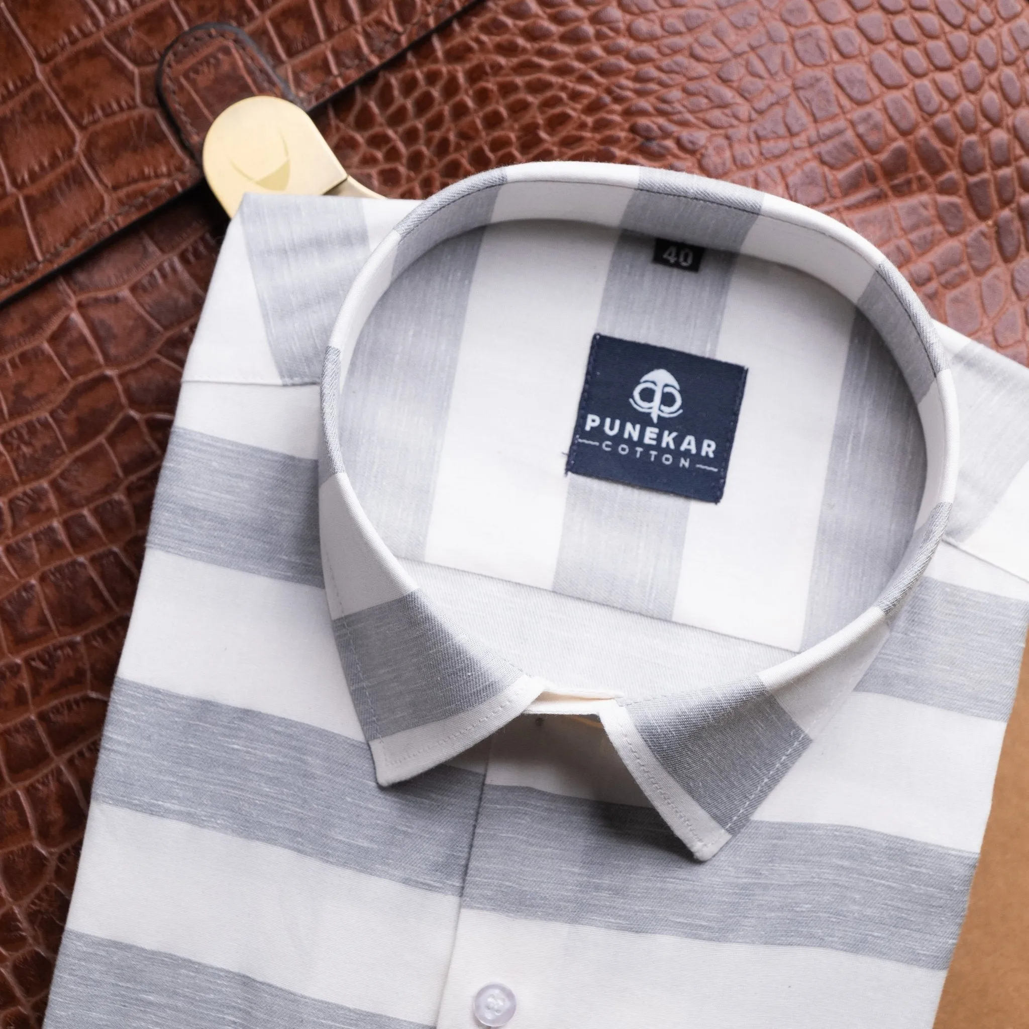 Grey Color Cotton Stripe Shirt For Men