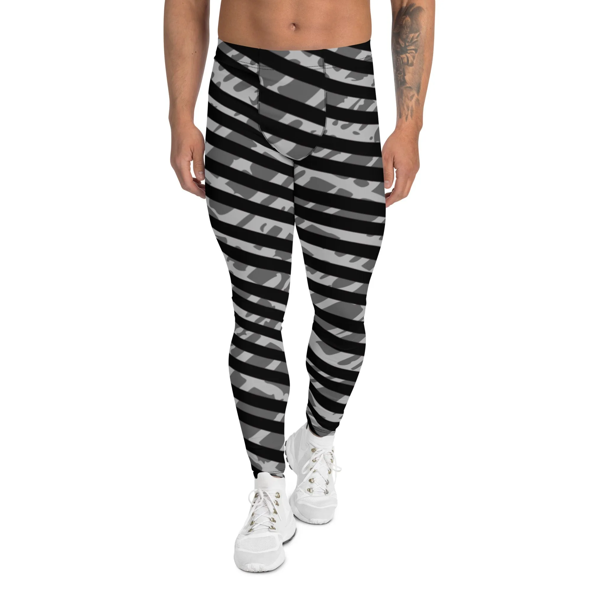 Grey Striped Best Men's Leggings, Diagonally Stripes Modern Premium Running Tights For Men