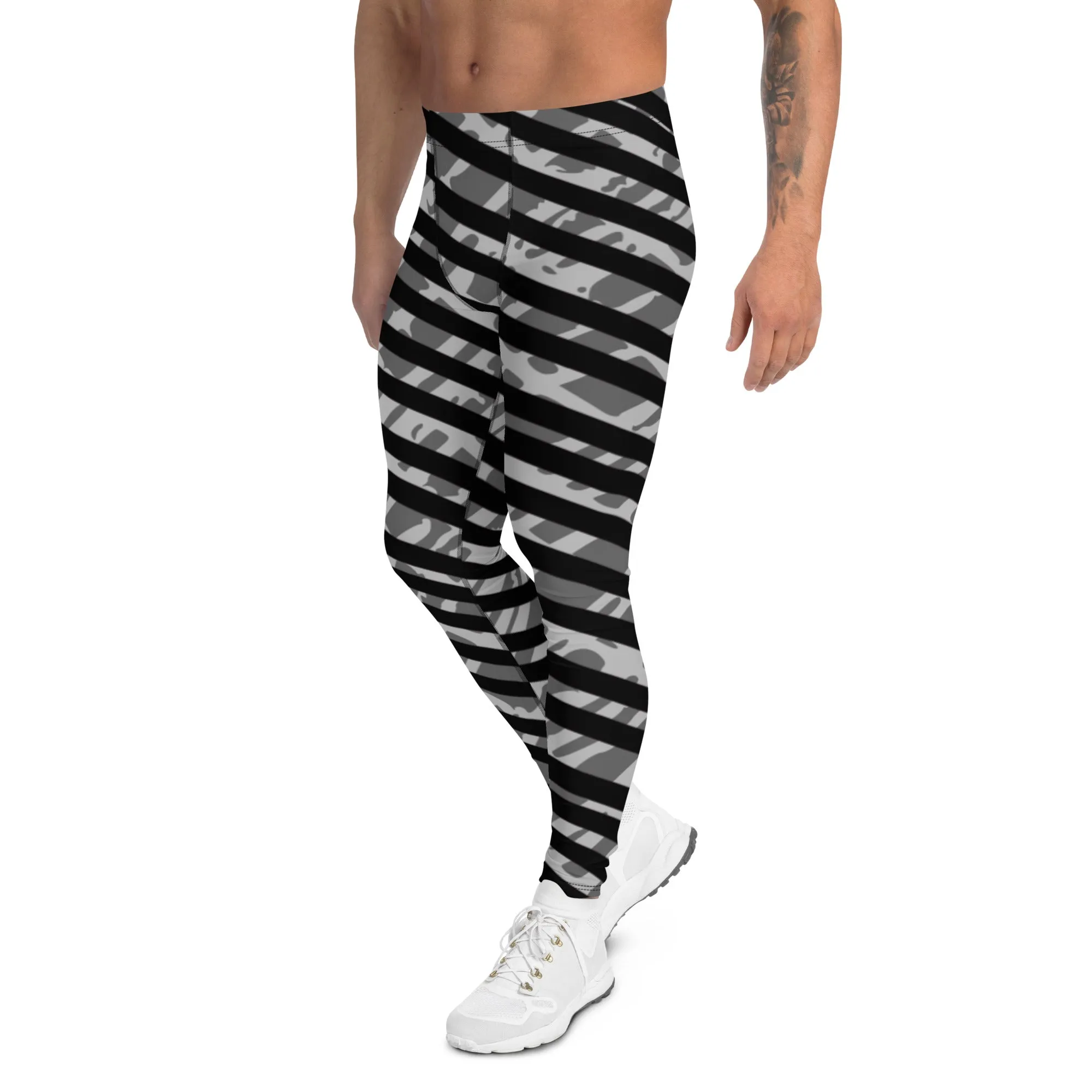 Grey Striped Best Men's Leggings, Diagonally Stripes Modern Premium Running Tights For Men