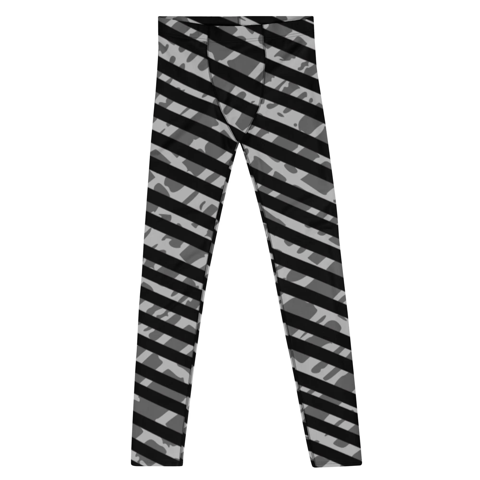 Grey Striped Best Men's Leggings, Diagonally Stripes Modern Premium Running Tights For Men