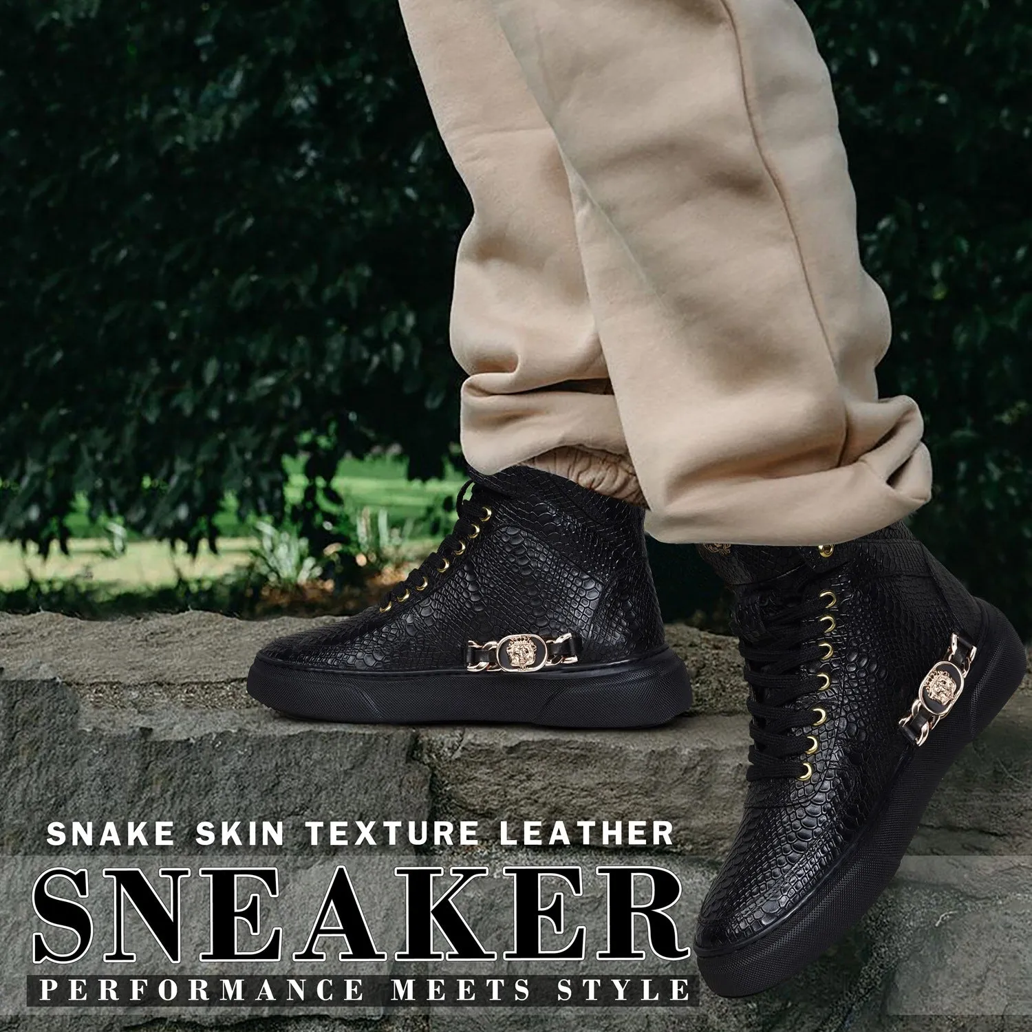 High-Top Black Sneaker in Snake Skin Textured Leather