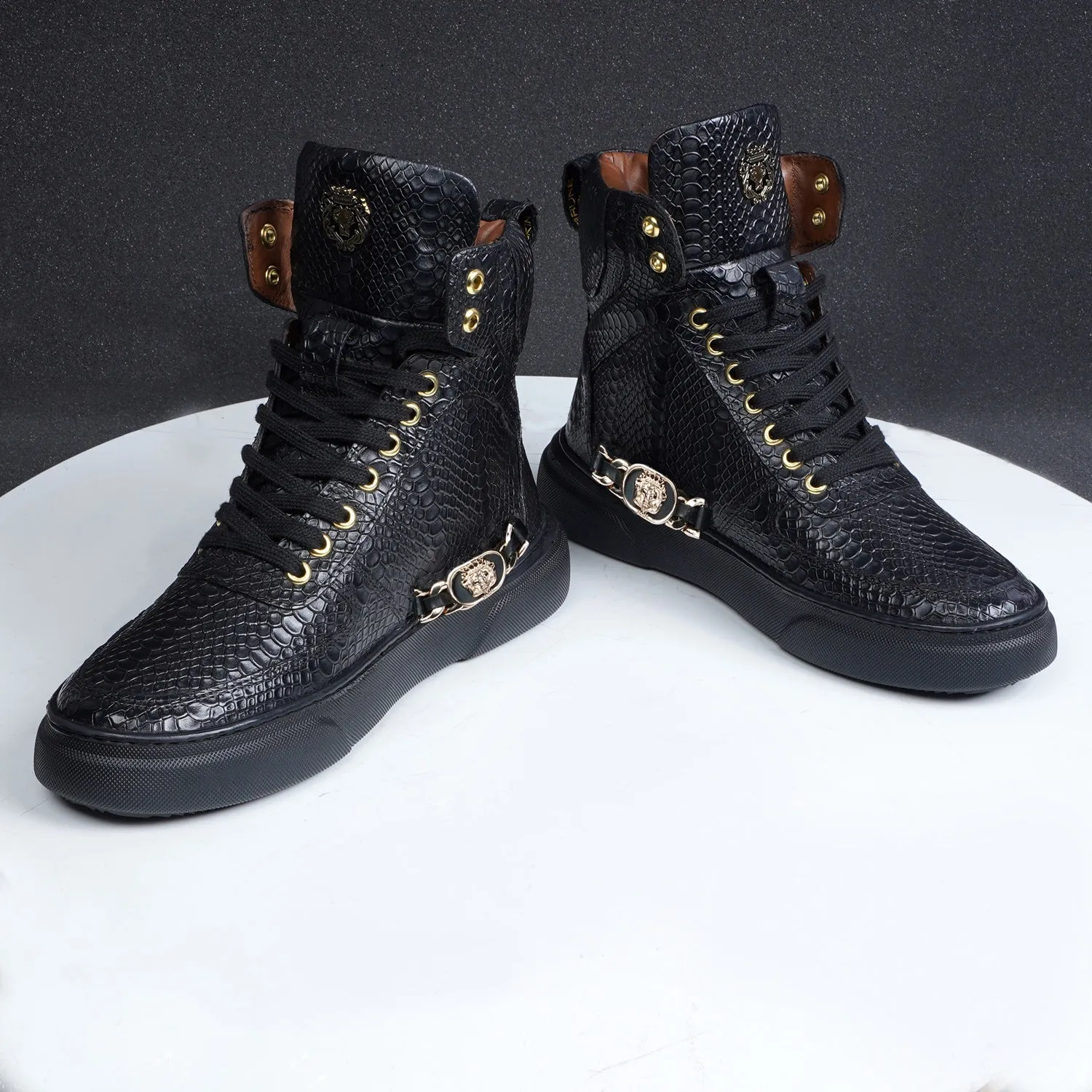 High-Top Black Sneaker in Snake Skin Textured Leather