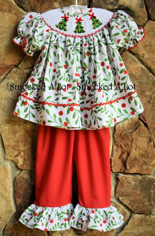 Holly Berry Smocked Christmas Tree Ruffled Pants Set