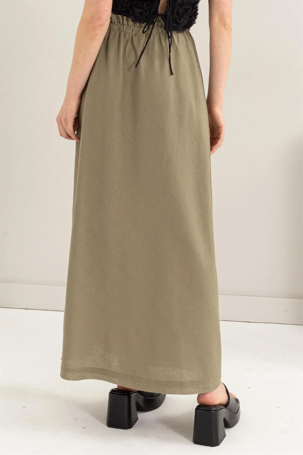 Hot Girl Drawstring Washed Linen Maxi Skirt In Olive