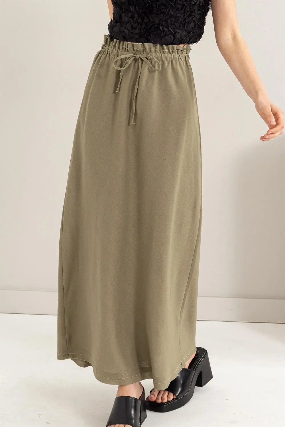 Hot Girl Drawstring Washed Linen Maxi Skirt In Olive