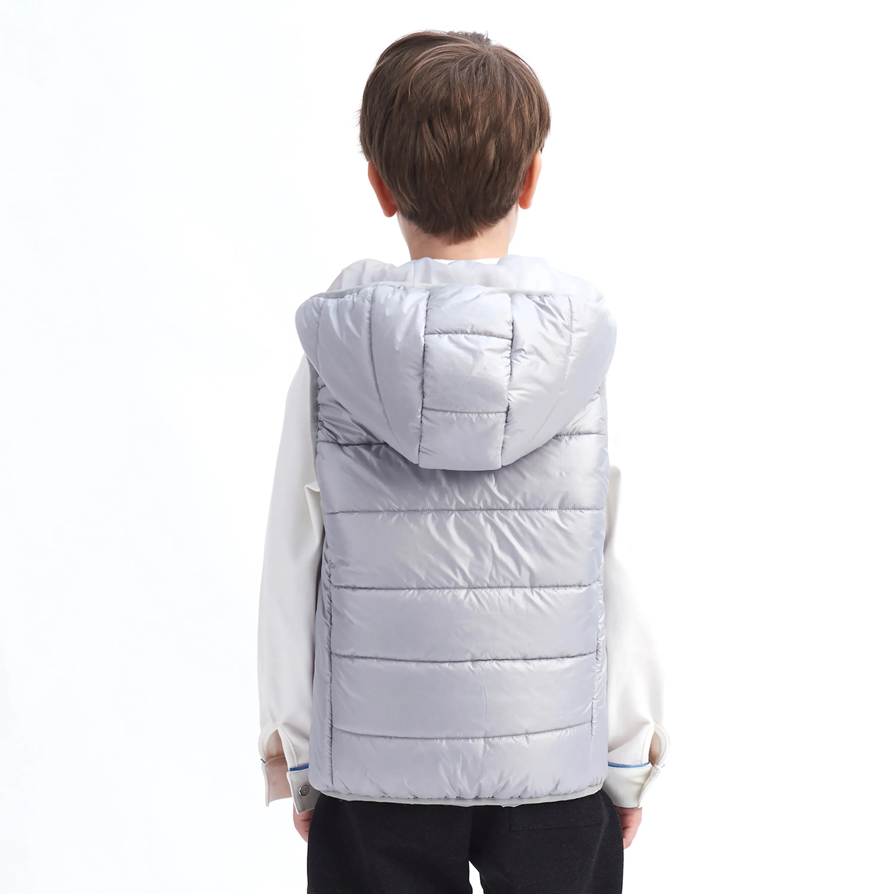 IKALI Boys Girls Lightweight Puffer Vest Kids Hooded Sleeveless Gilet Grey