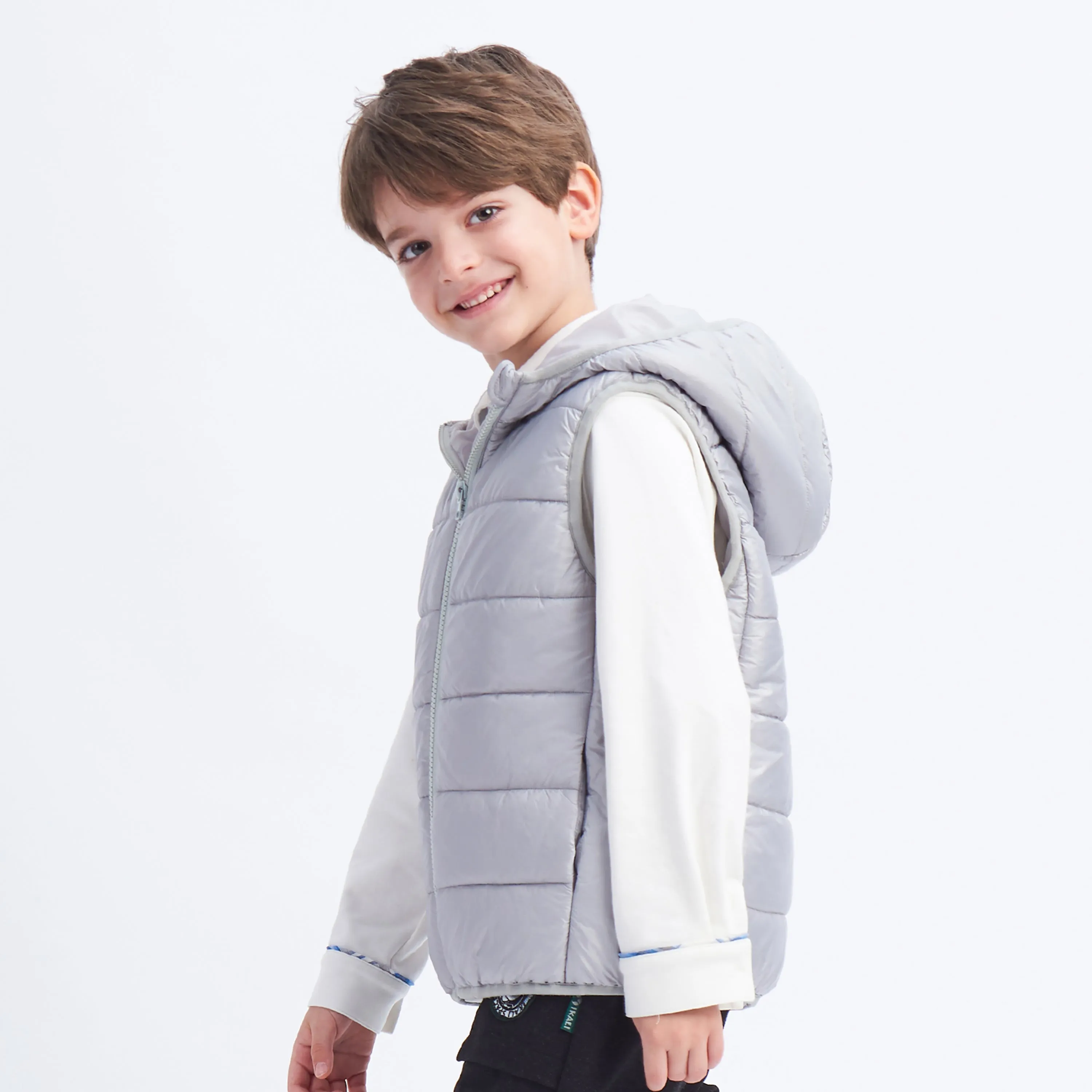 IKALI Boys Girls Lightweight Puffer Vest Kids Hooded Sleeveless Gilet Grey