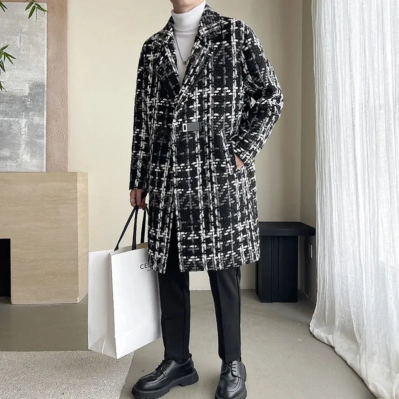 Ilooove British Style Jacquard Pattern Trench Coat Men Autumn Winter Mens Medium Long Coat Business Casual Streetwear Windbreaker