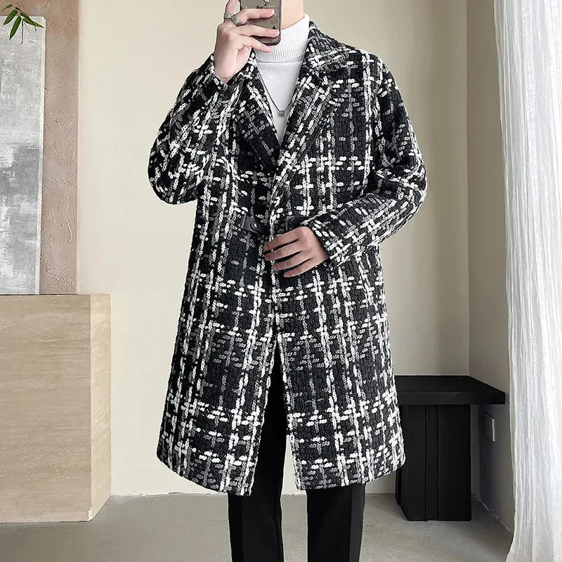 Ilooove British Style Jacquard Pattern Trench Coat Men Autumn Winter Mens Medium Long Coat Business Casual Streetwear Windbreaker