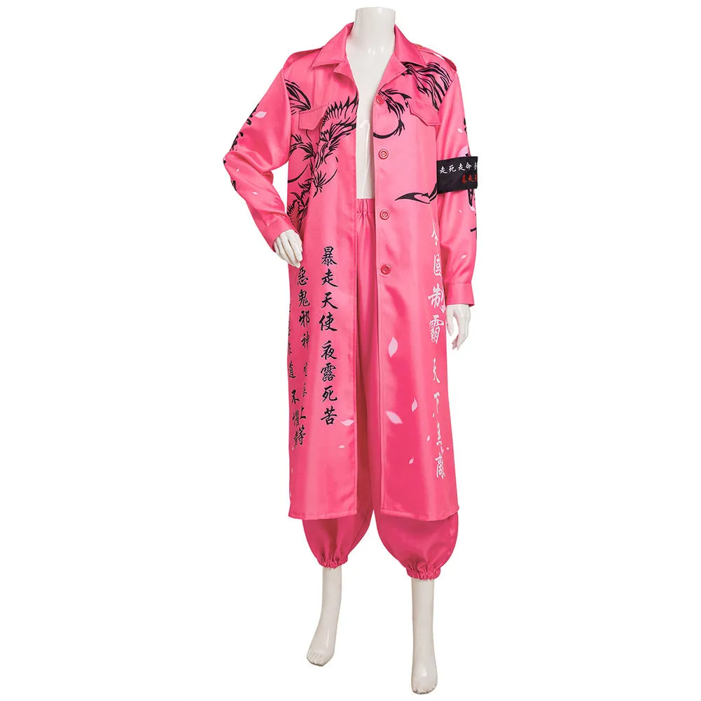 Japanese Bosozoku Kimono Cosplay Costume Pink Coat Pants Outfits Halloween Carnival Suit