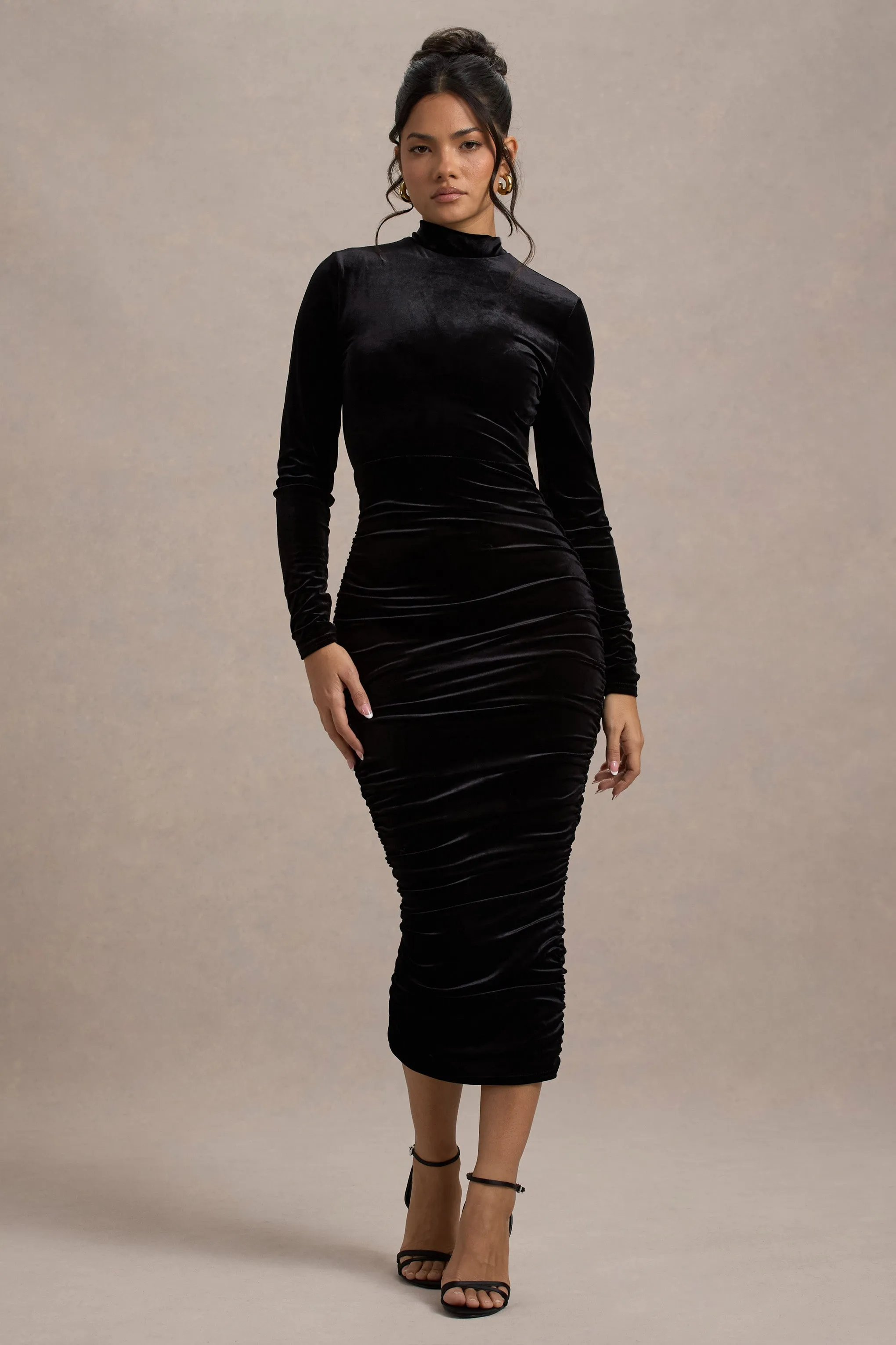 Joanna | Black Velvet High-Neck Backless Midi Dress