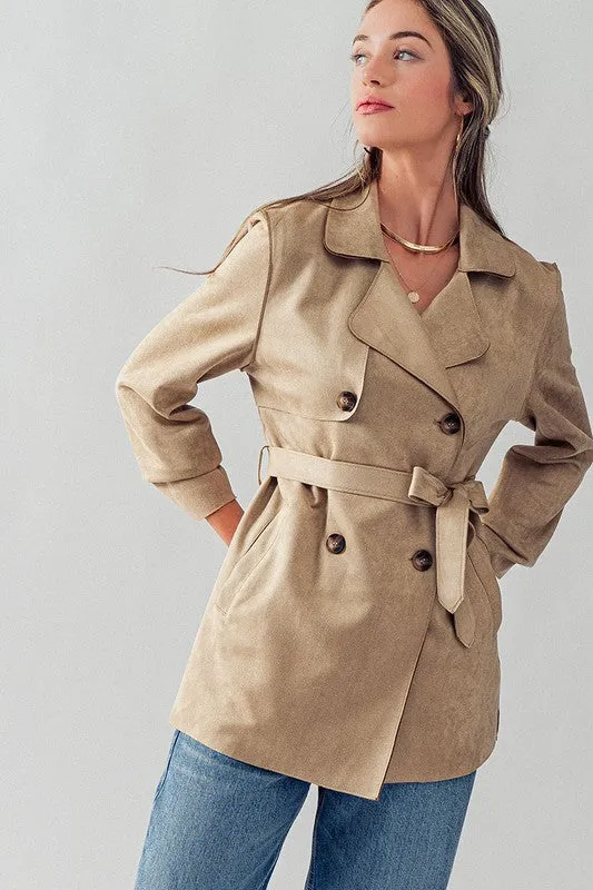 Khaki Double Breasted Soft Suede Trench Coat