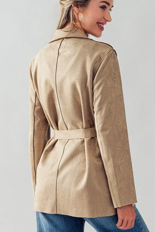 Khaki Double Breasted Soft Suede Trench Coat