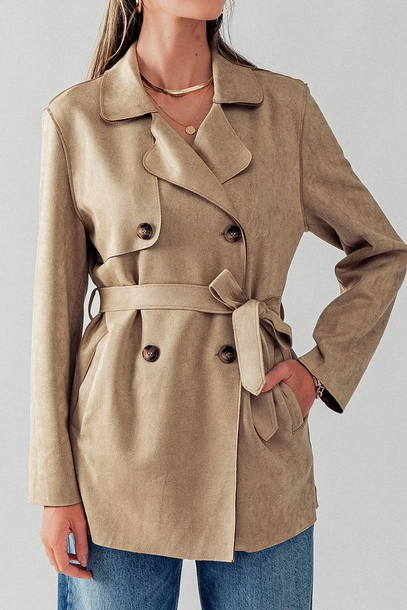 Khaki Double Breasted Soft Suede Trench Coat