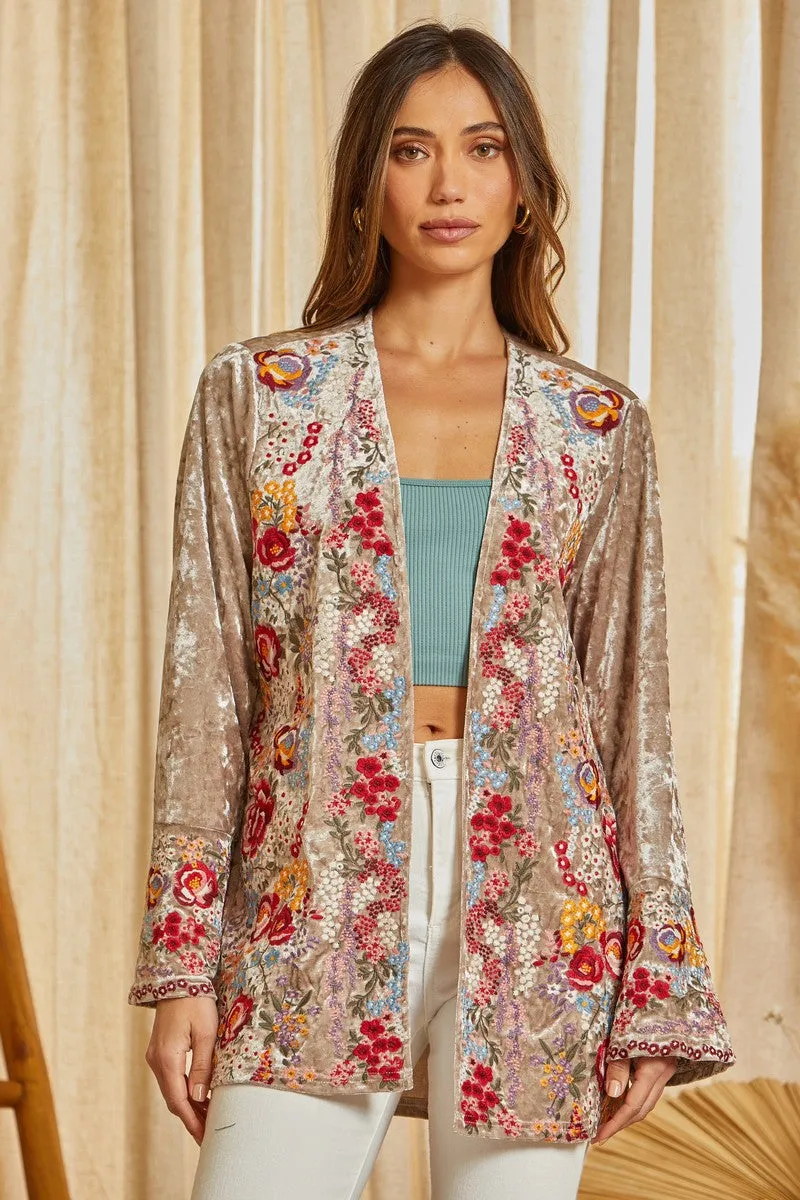 Ladies Savanna Jane Crushed Velvet Embroidered Kimono - T12558-1