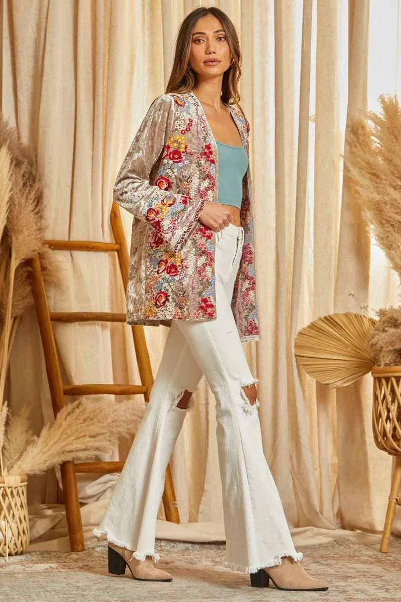 Ladies Savanna Jane Crushed Velvet Embroidered Kimono - T12558-1