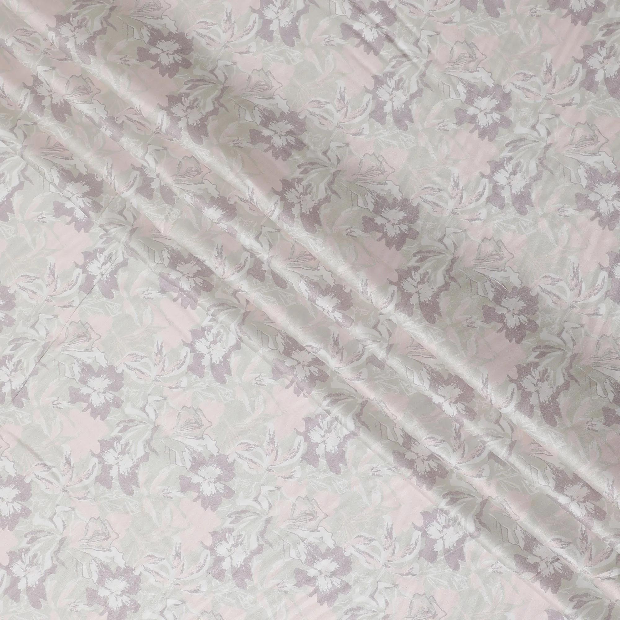 Laurel green cotton satin fabric with light peach, mauve and off white print in floral design-D16768