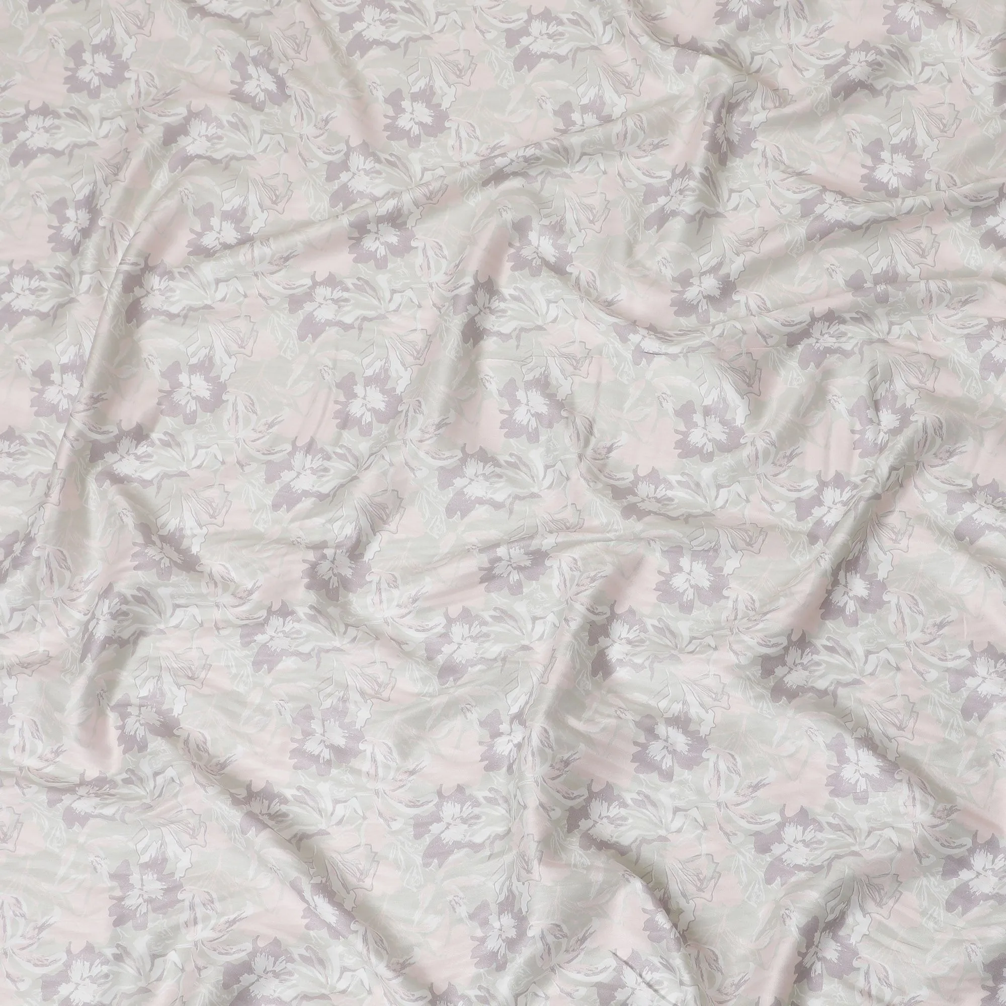 Laurel green cotton satin fabric with light peach, mauve and off white print in floral design-D16768