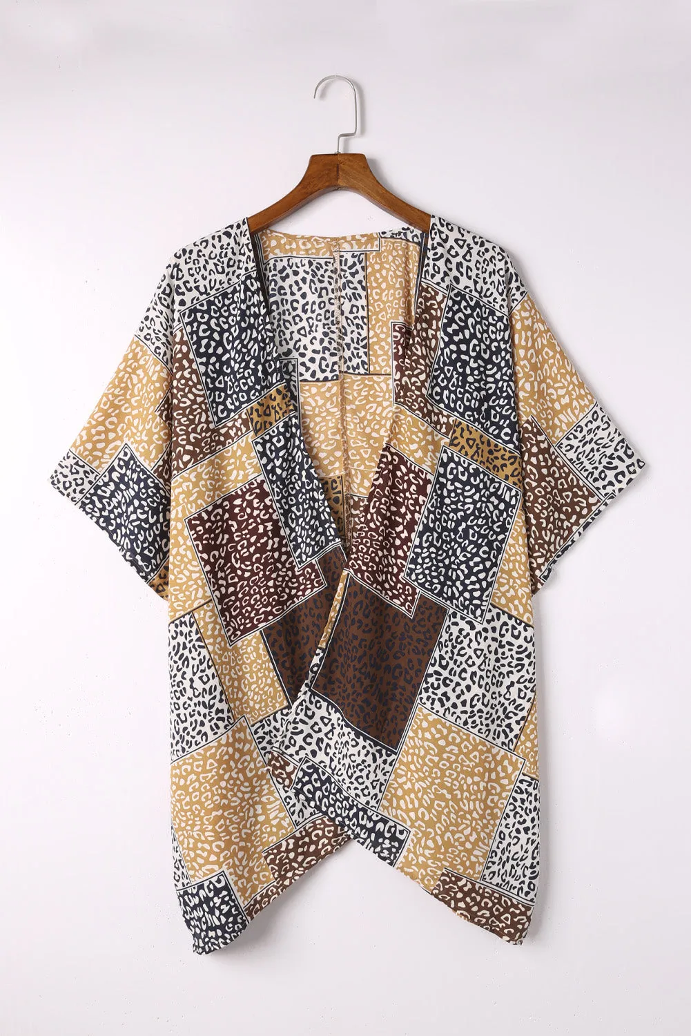 Leopard Color Block Open Front Kimono