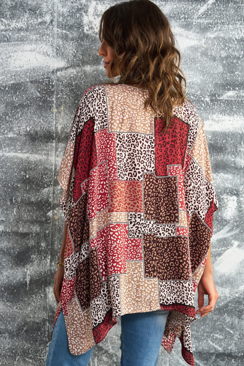 Leopard Color Block Open Front Kimono