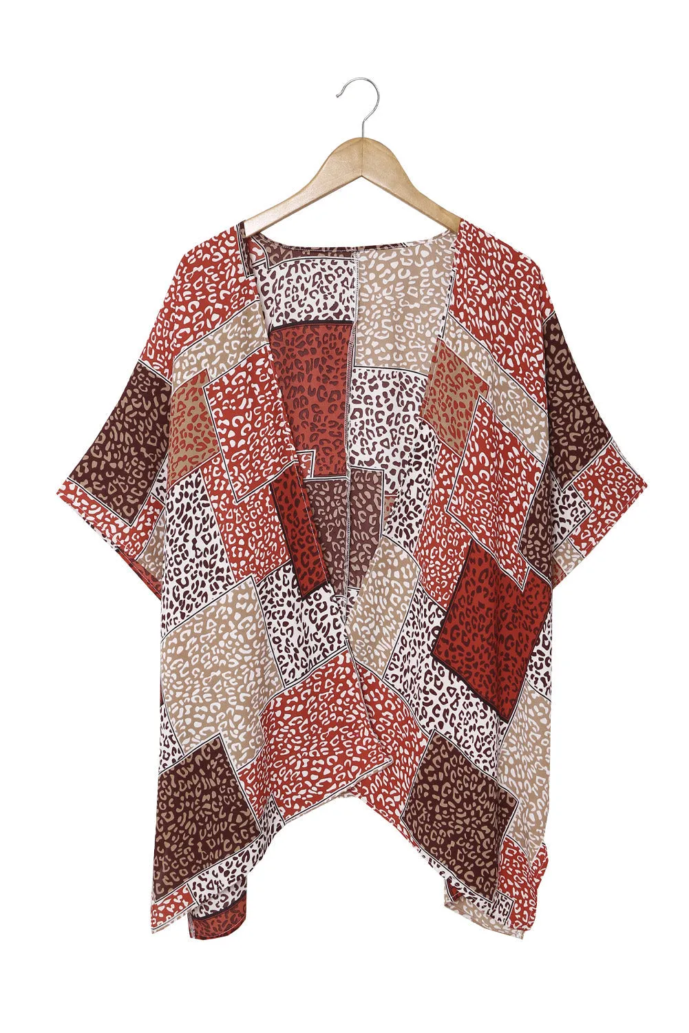 Leopard Color Block Open Front Kimono