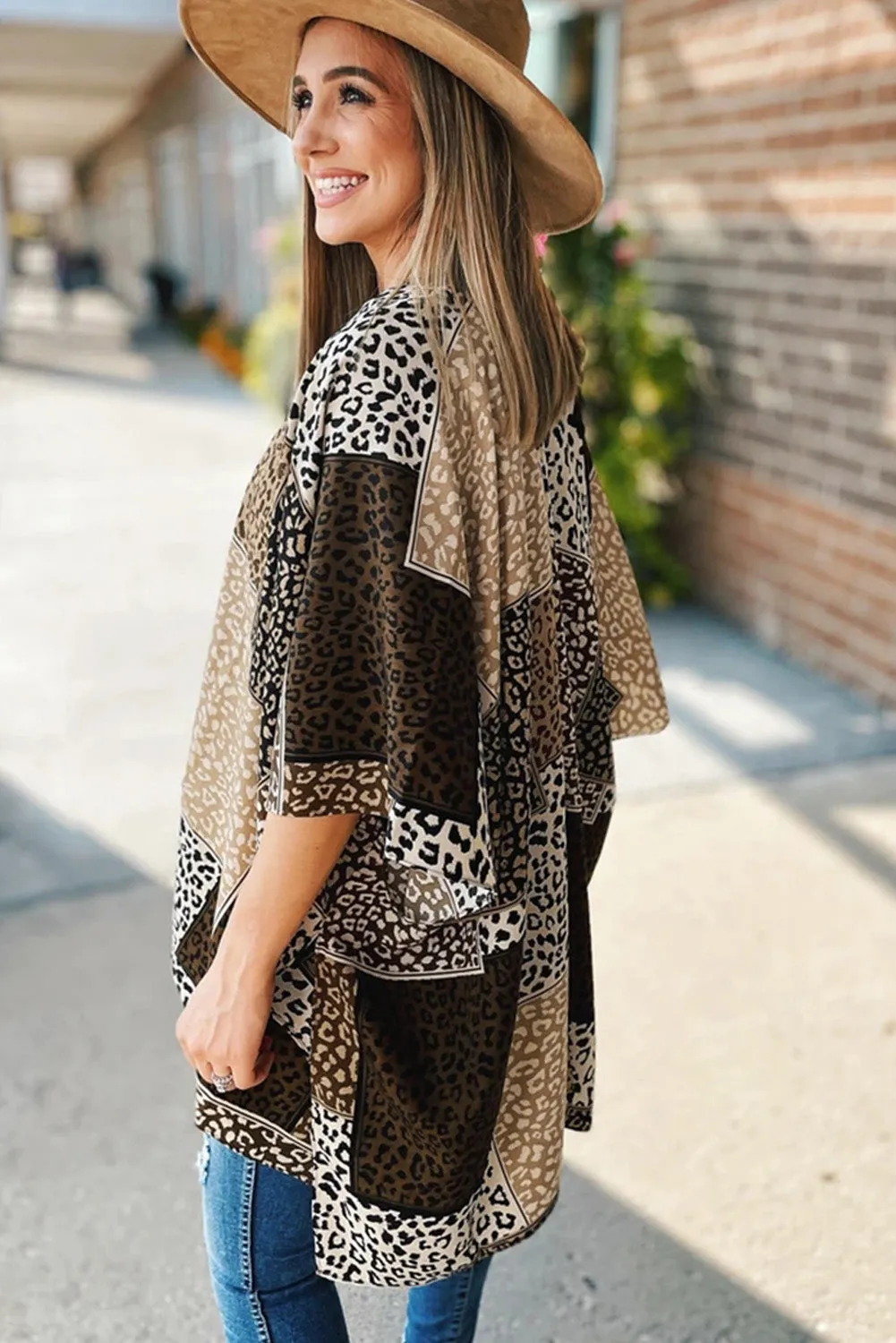 Leopard Color Block Open Front Kimono