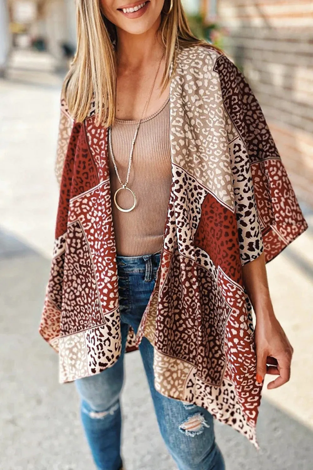 Leopard Color Block Open Front Kimono