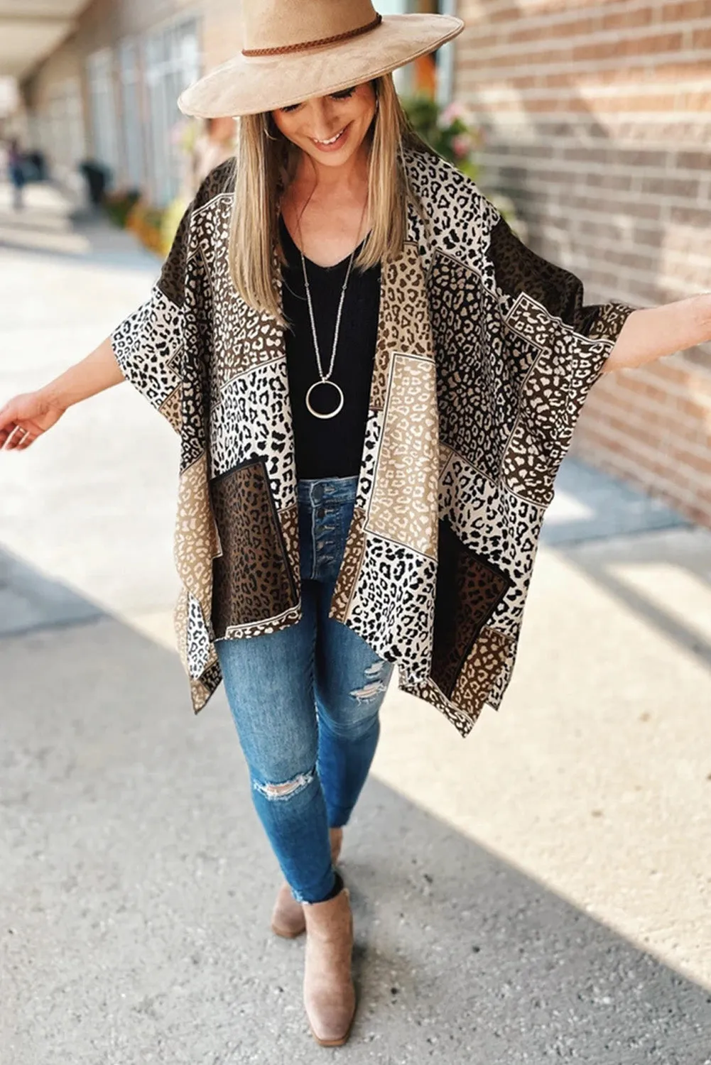 Leopard Color Block Open Front Kimono