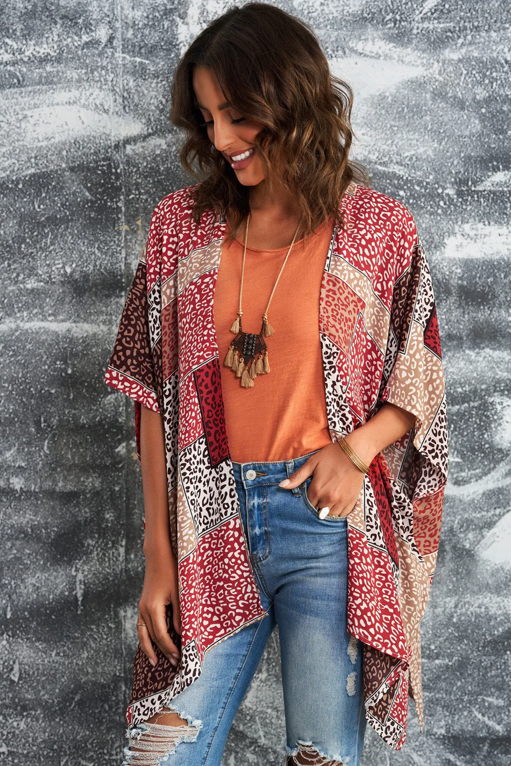 Leopard Color Block Open Front Kimono