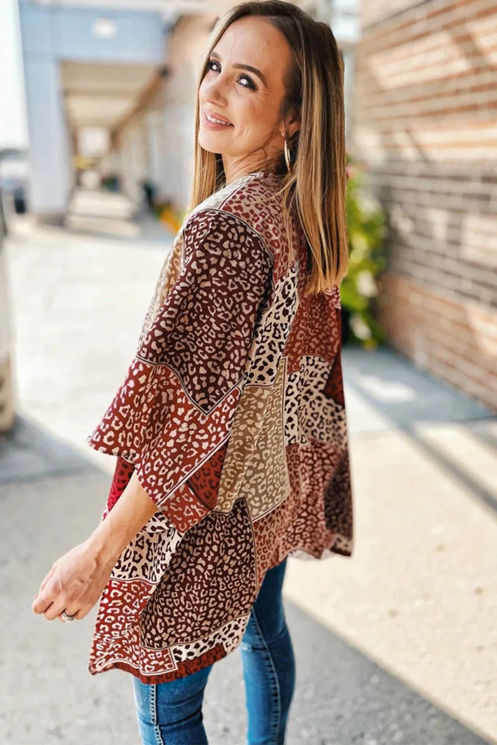 Leopard Color Block Open Front Kimono