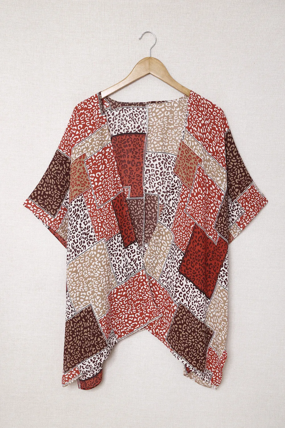 Leopard Color Block Open Front Kimono