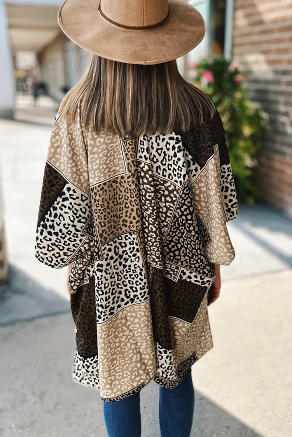 Leopard Color Block Open Front Kimono