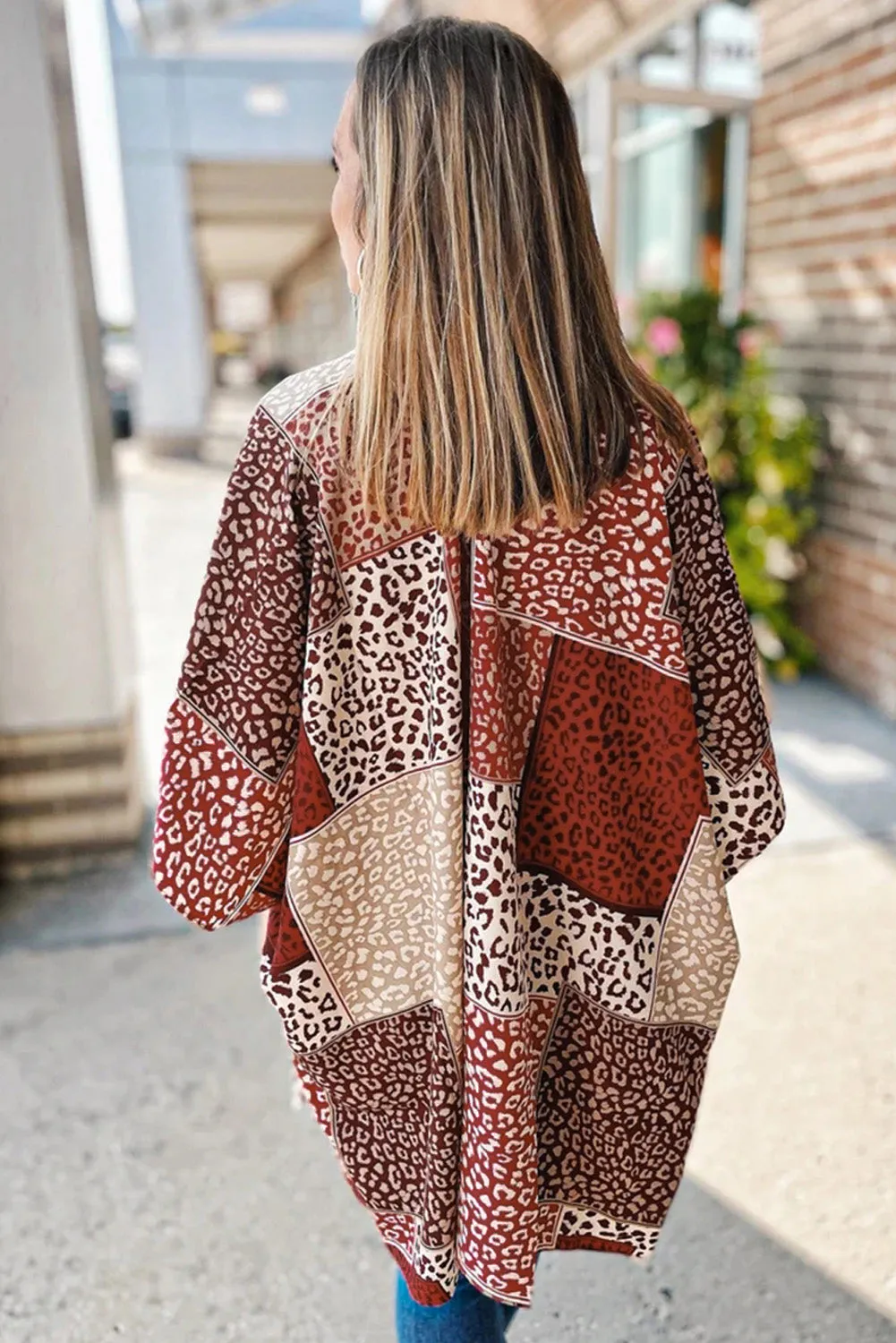 Leopard Color Block Open Front Kimono