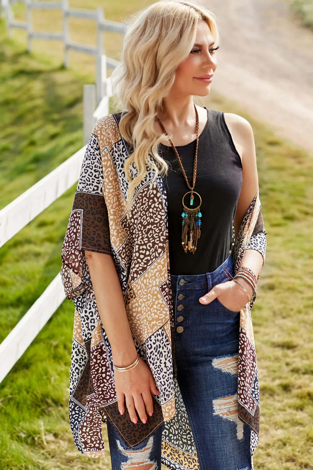 Leopard Color Block Open Front Kimono