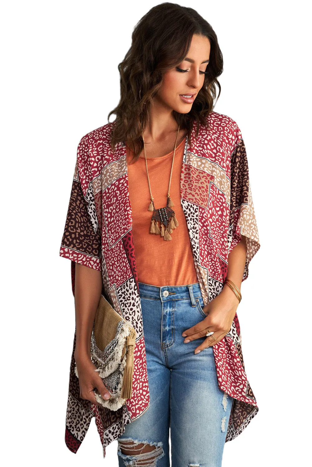 Leopard Color Block Open Front Kimono