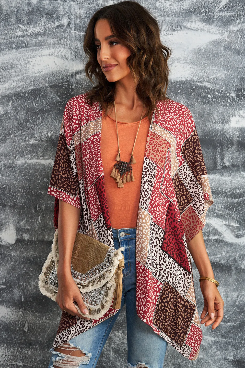 Leopard Color Block Open Front Kimono