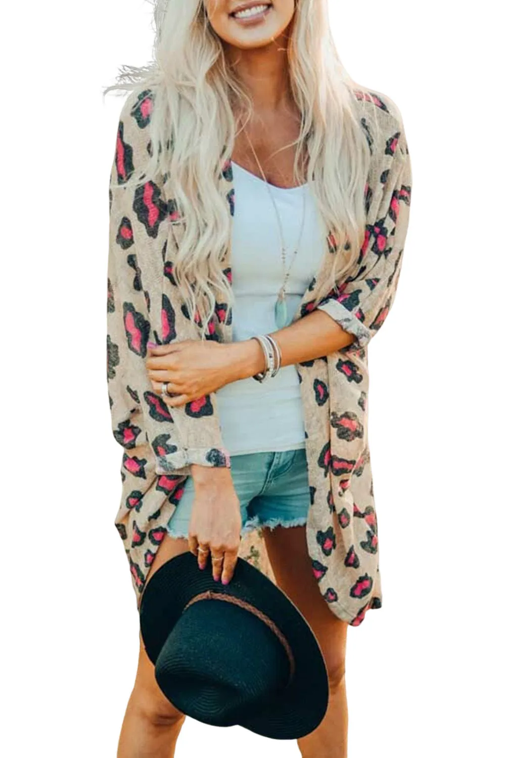 Leopard Print Open Front Long Sleeve Kimono