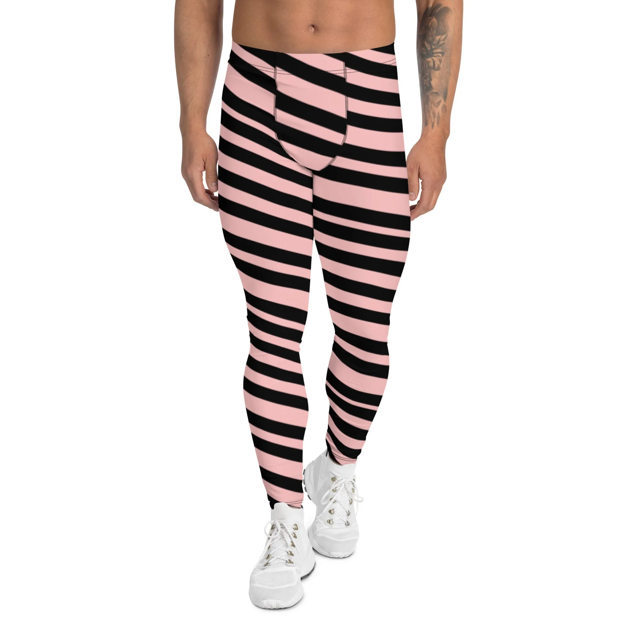 Light Pink Striped Men's Leggings, Diagonally Stripes Modern Premium Running Tights For Men