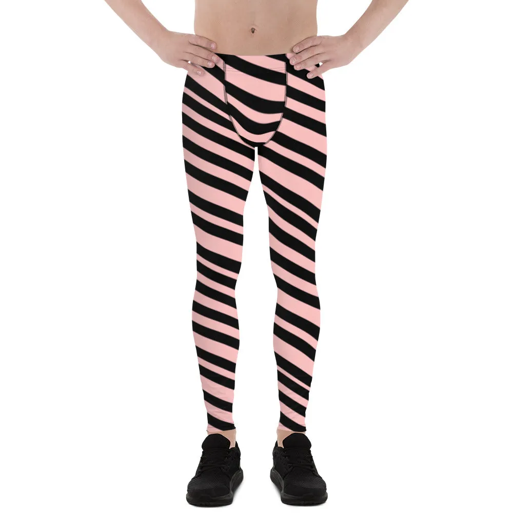 Light Pink Striped Men's Leggings, Diagonally Stripes Modern Premium Running Tights For Men