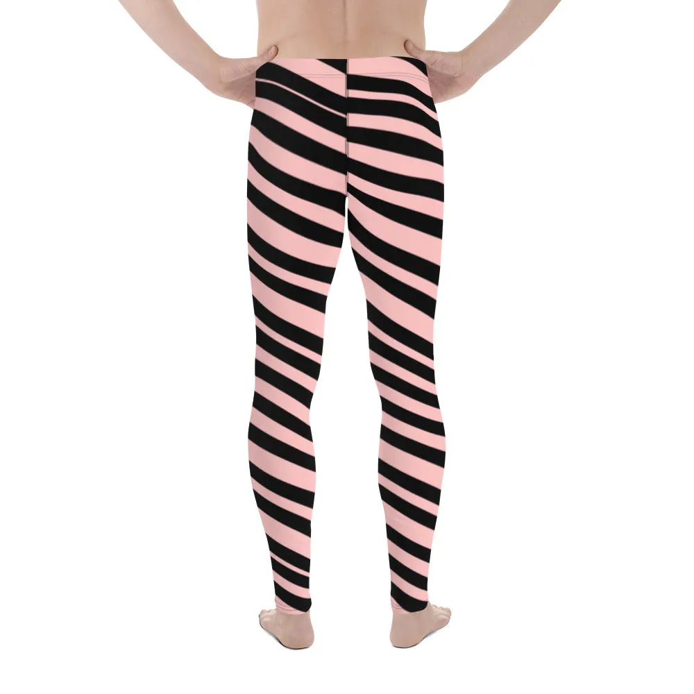 Light Pink Striped Men's Leggings, Diagonally Stripes Modern Premium Running Tights For Men