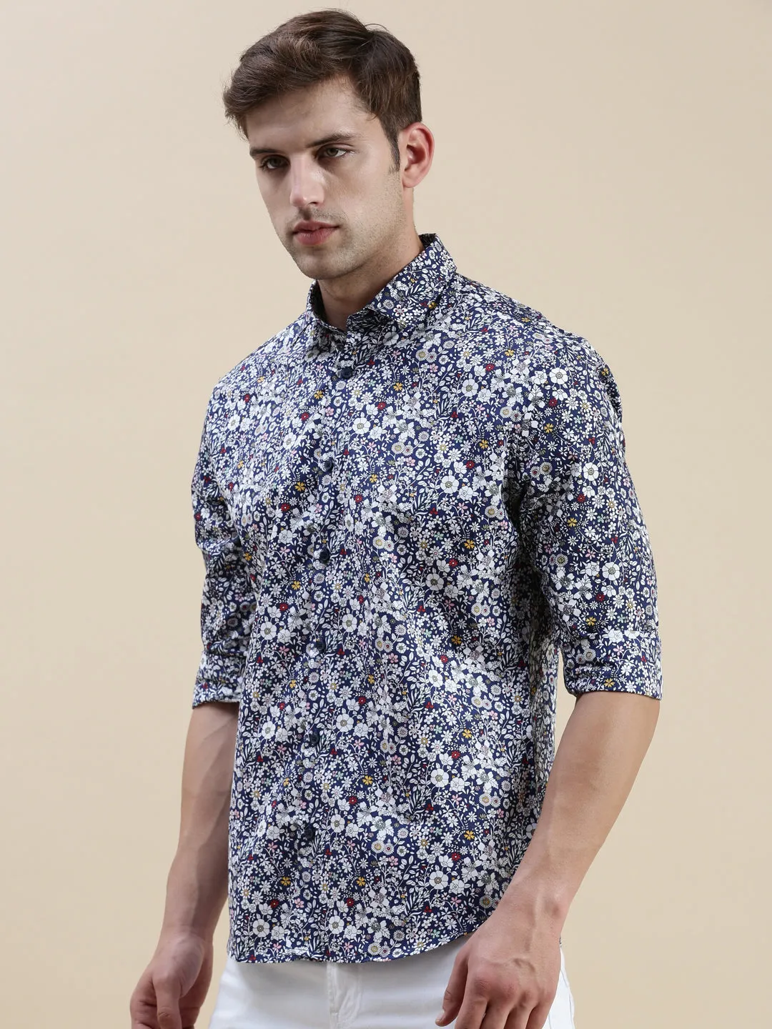 Men Navy Floral Casual Shirt