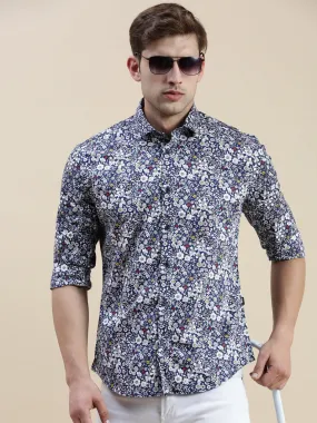 Men Navy Floral Casual Shirt